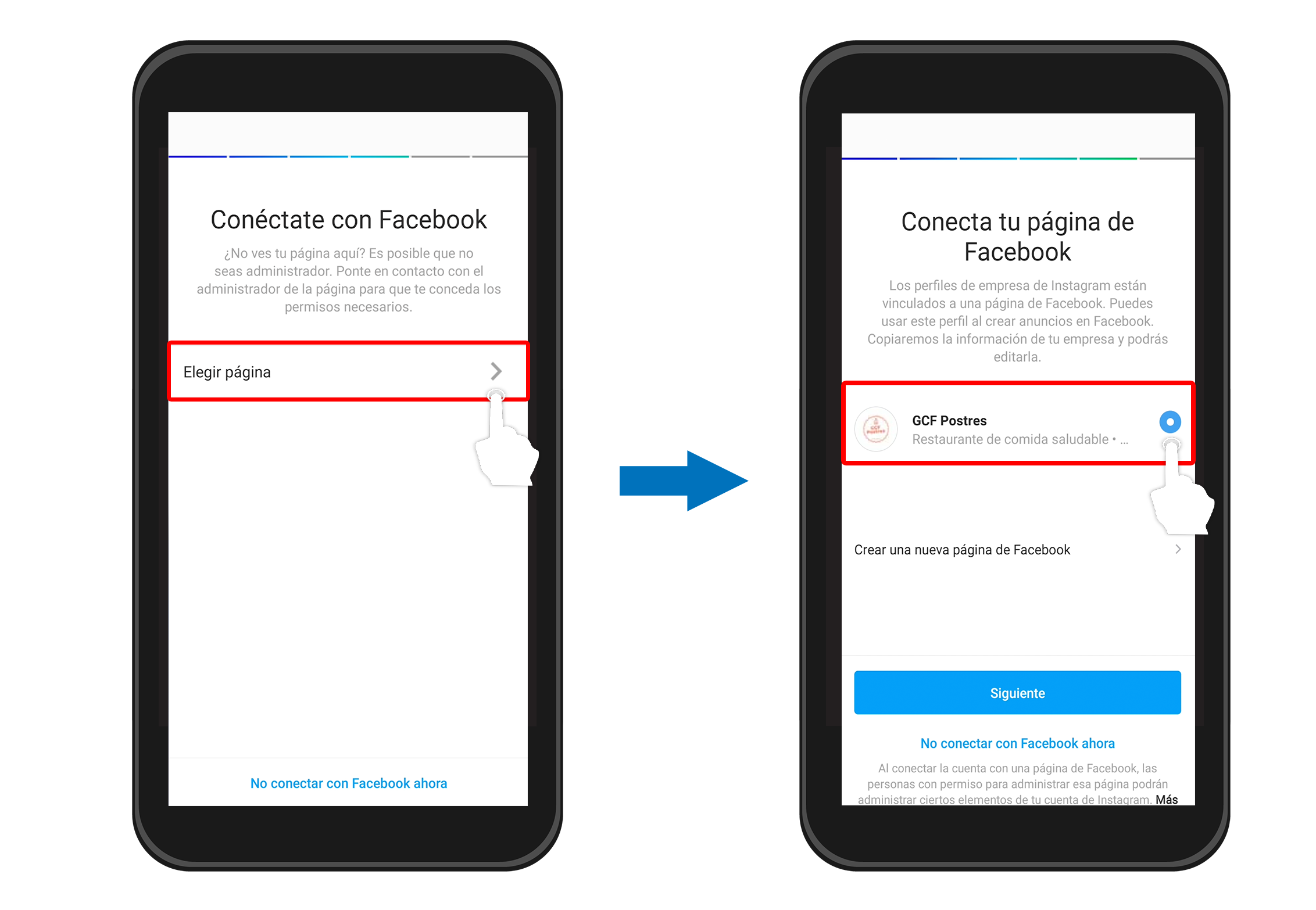 Si ya tienes una página de negocios en Facebook podrás añadirla en la opción Elegir página. Esta herramienta vinculará tu cuenta de Facebook con Instagram y podrás utilizar los beneficios que tienen estas apps para negocios.